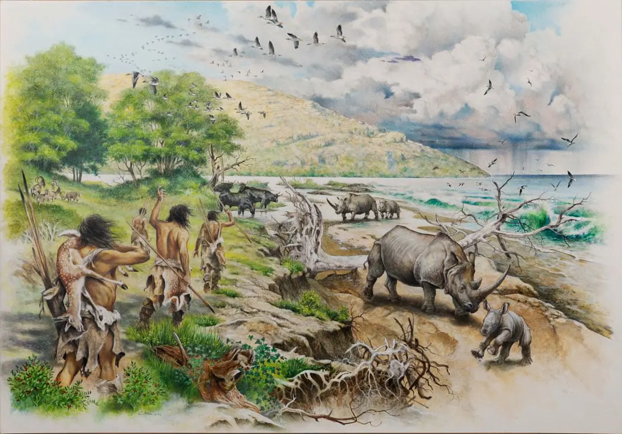 An artistic reconstruction of a coastal landscape with trees. In the foreground are people with spears and rhinos. In the background are rain clouds and birds in the sky. 
