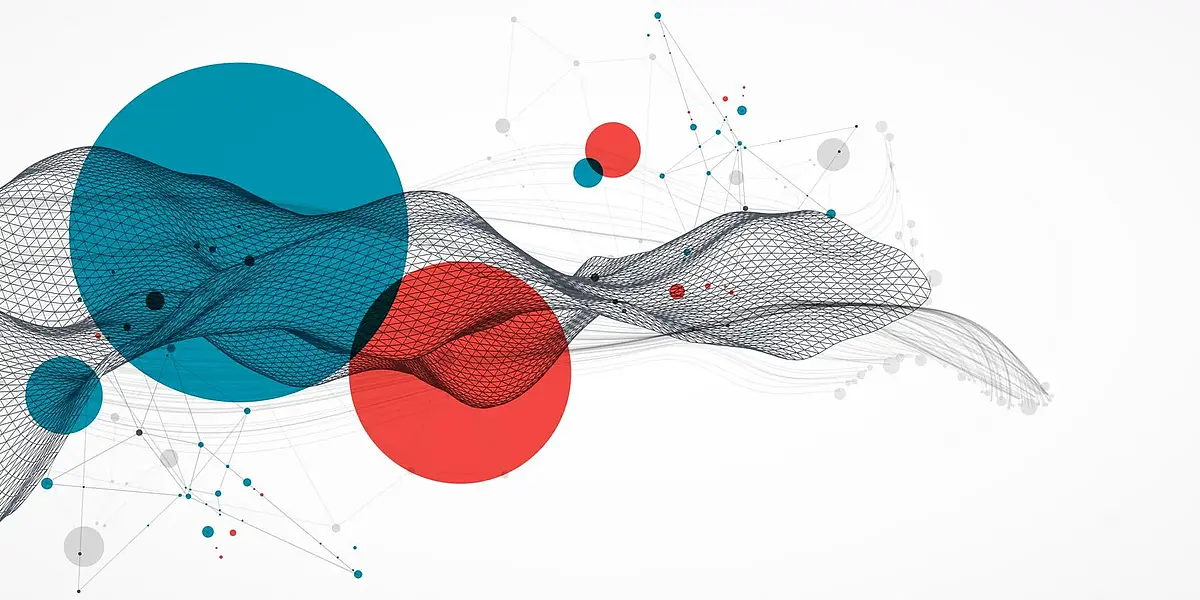 Grafik: Abstrakte Welle aus einem Gitternetz mit großen farbigen Punkten und Netzwerkstrukturen