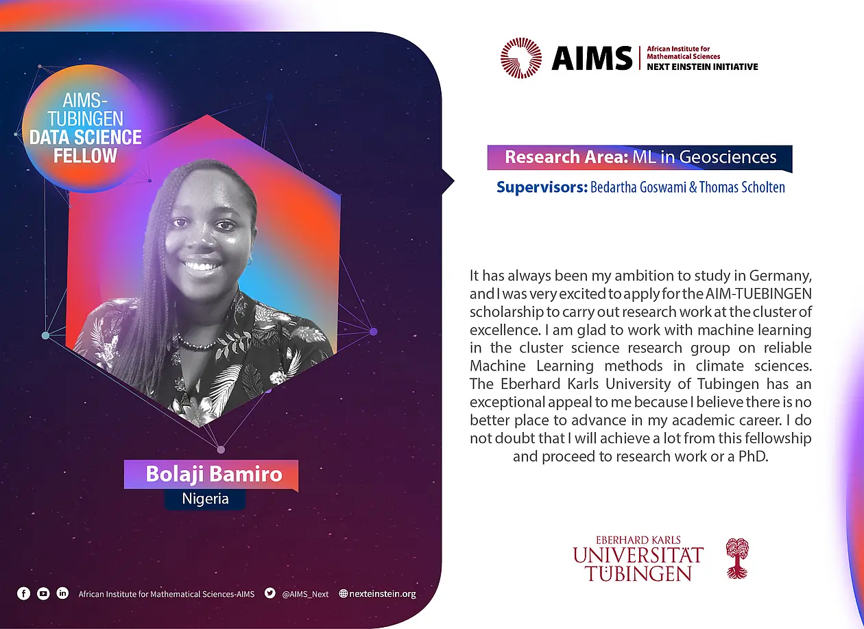 Portrait von AIMS Fellow Bolaji Bamiro und einer Beschreibung warum sie am Programm teilnimmt