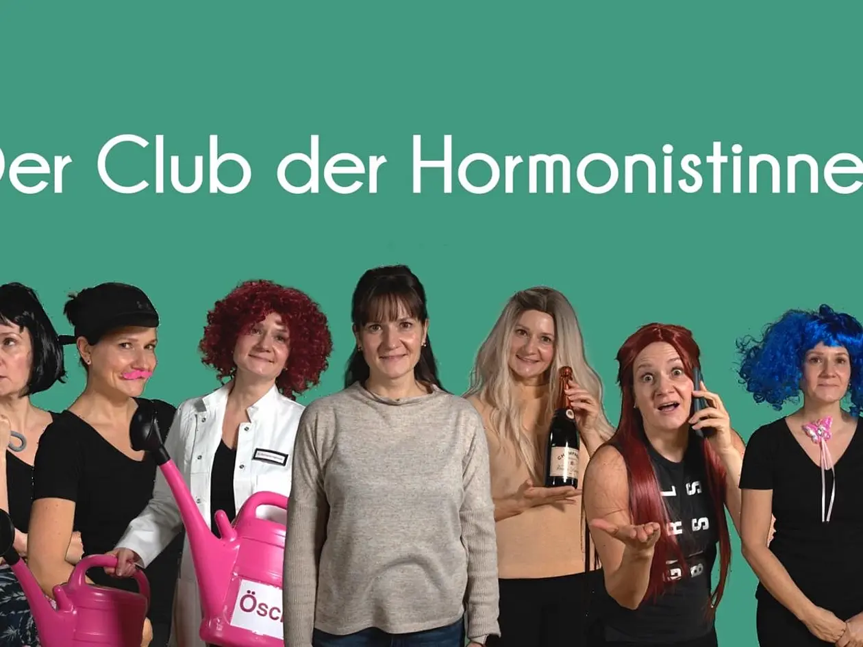 Gruppenbild von neun Frauen vor grünem Hintergrund mit der Aufschrift „Der Club der Hormonistinnen“. Die Frauen tragen unterschiedliche Kostüme, Perücken und Requisiten, darunter eine Gießkanne, ein Telefon, eine Flasche und einen aufgeklebten Schnurrbart. Das Bild inszeniert verschiedene Charaktere humorvoll und spielt auf unterschiedliche Rollen, Stimmungen und Erfahrungen im Zusammenhang mit Hormonen und Wechseljahren an.