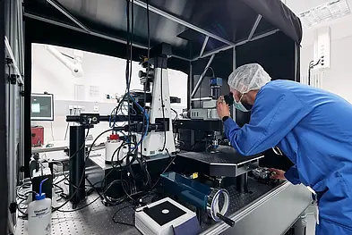 A scientist in blue lab clothing, face mask and hairnet looks into the eyepiece of a multiphoton microscope.