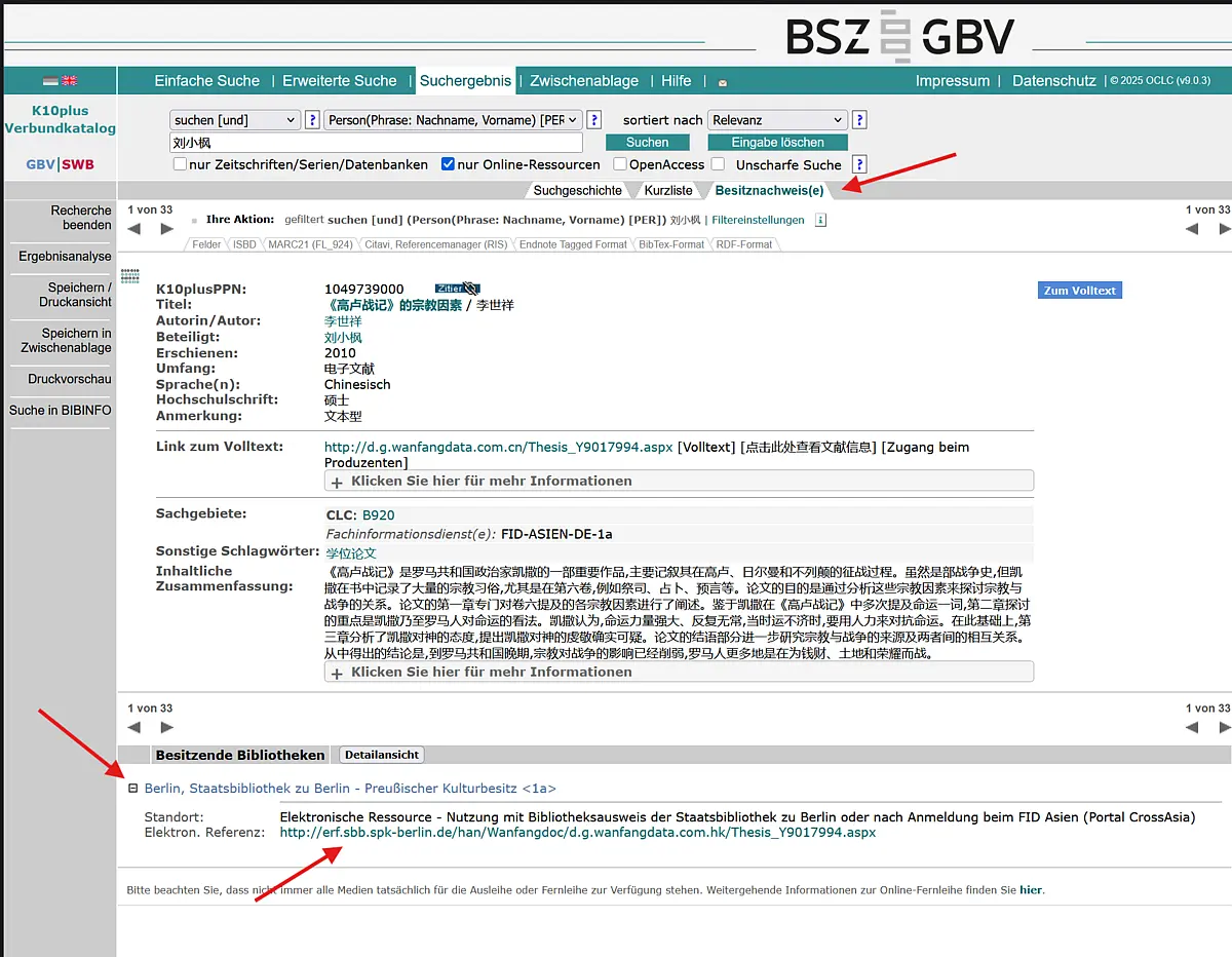 Screenshot eines Treffers in K10plus mit direkter Url zum Text.