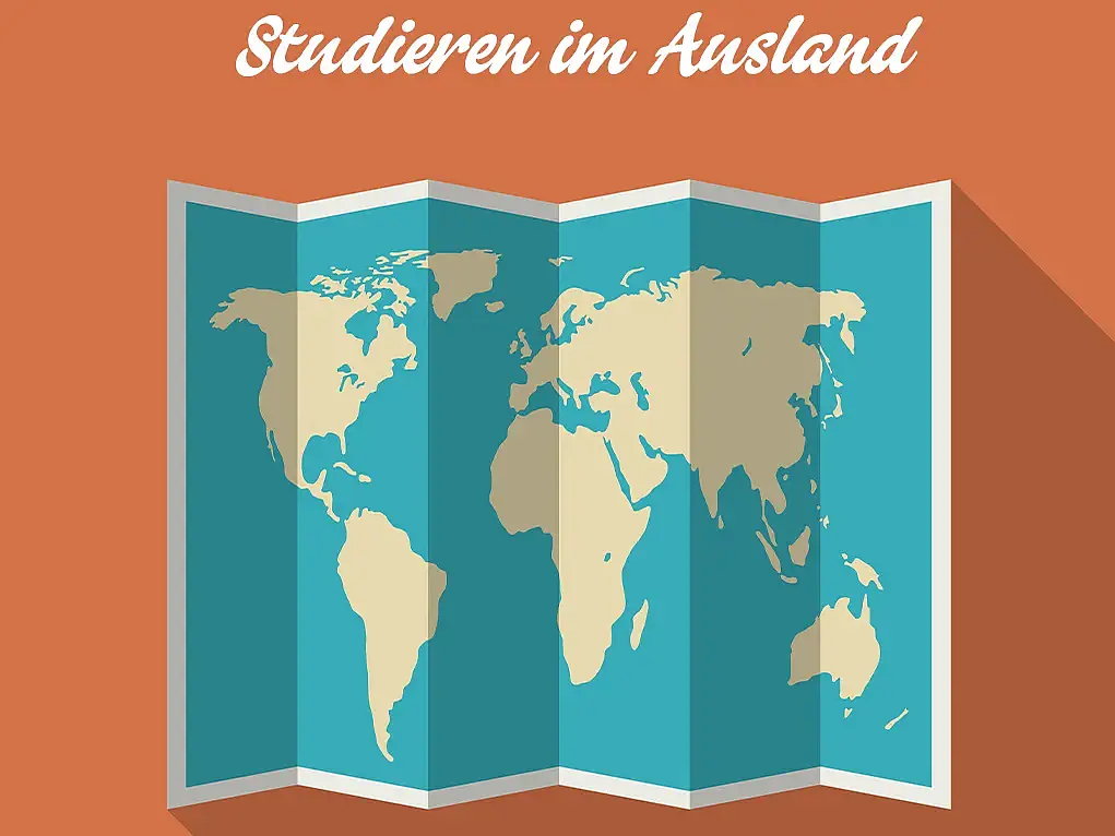 Grafik auf der eine Weltkarte zu sehen ist, über der Weltkarte steht in geschwungener Schrift Studieren im Ausland.