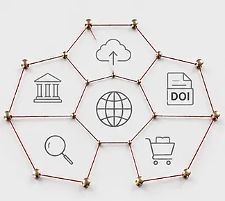 Spinnennetz mit Fäden, die mehrere Illustrationen umspannen. Die Illustrationen symbolisieren Suche, Institution, Globus, Upload, Einkauf und DOI.