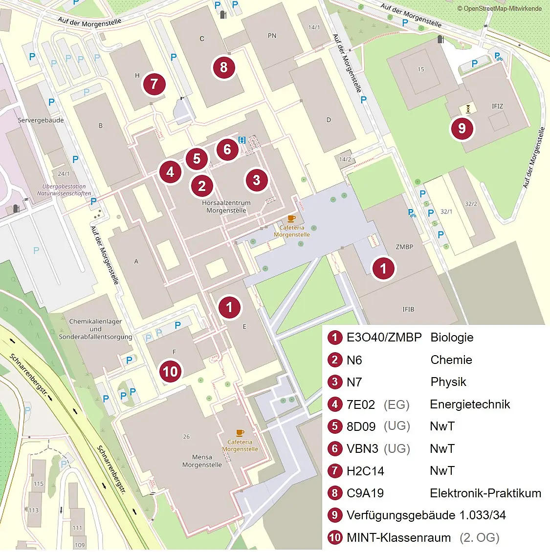 Karte des Campus "Auf der Morgenstelle" mit einer Markierung der Räume