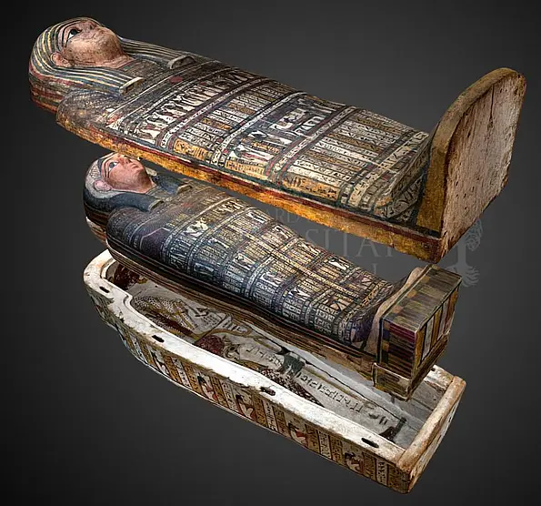 Still taken from an animated 3D model of the 7th century BC coffin ensemble of Taditjaina.