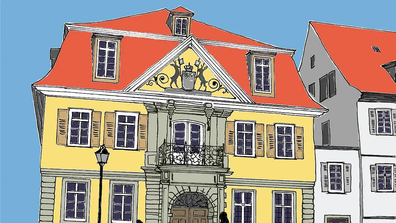 Ein gezeichnetes Bild der Alten Aula der Universität Tübingen