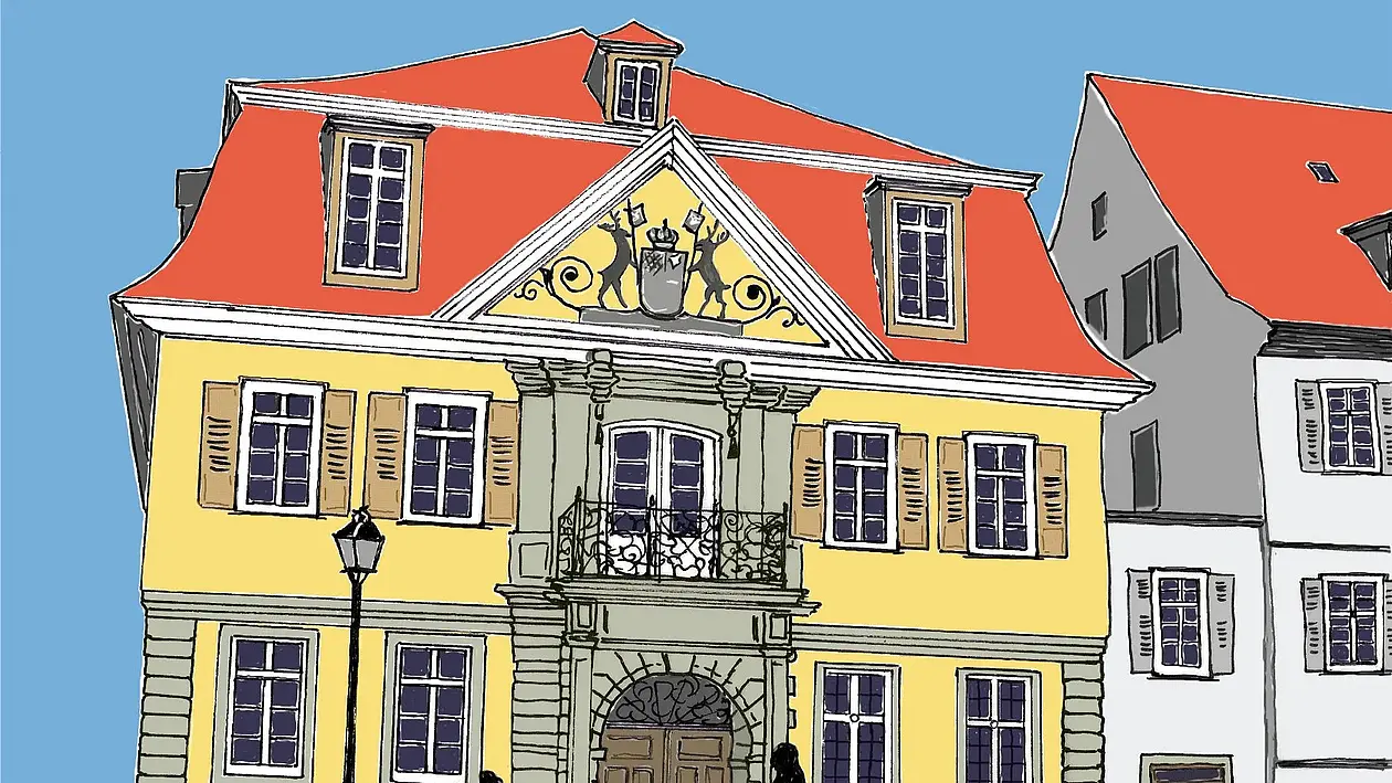 Ein gezeichnetes Bild der Alten Aula der Universität Tübingen