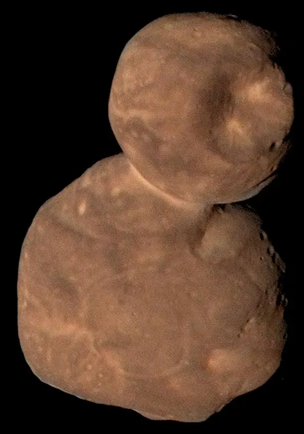 Close-up photo of Arrokoth, the peculiar Kuiper-belt object, taken by the New Horizons space mission (courtesy of NASA).