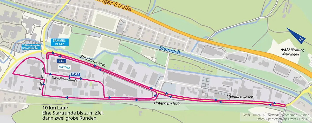 Karte mit der eingezeichneten Laufroute des 10 Kilometer Laufes