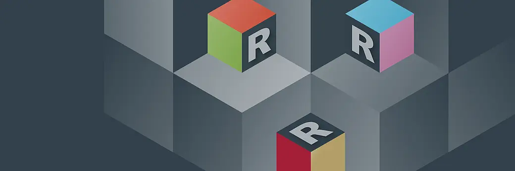 Three colourful cubes, each bearing a white “R”, embedded in a three-dimensional arrangement of grey cubes against a dark blue background