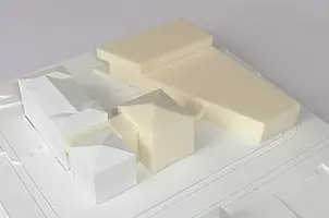 Auszug aus der Machbarkeitsstudie, Variante F, Modell, Quelle: Machbarkeitsstudie Vermögen und Bau, Amt Tübingen Verfasser: Dömges Architekten AG, Regensburg