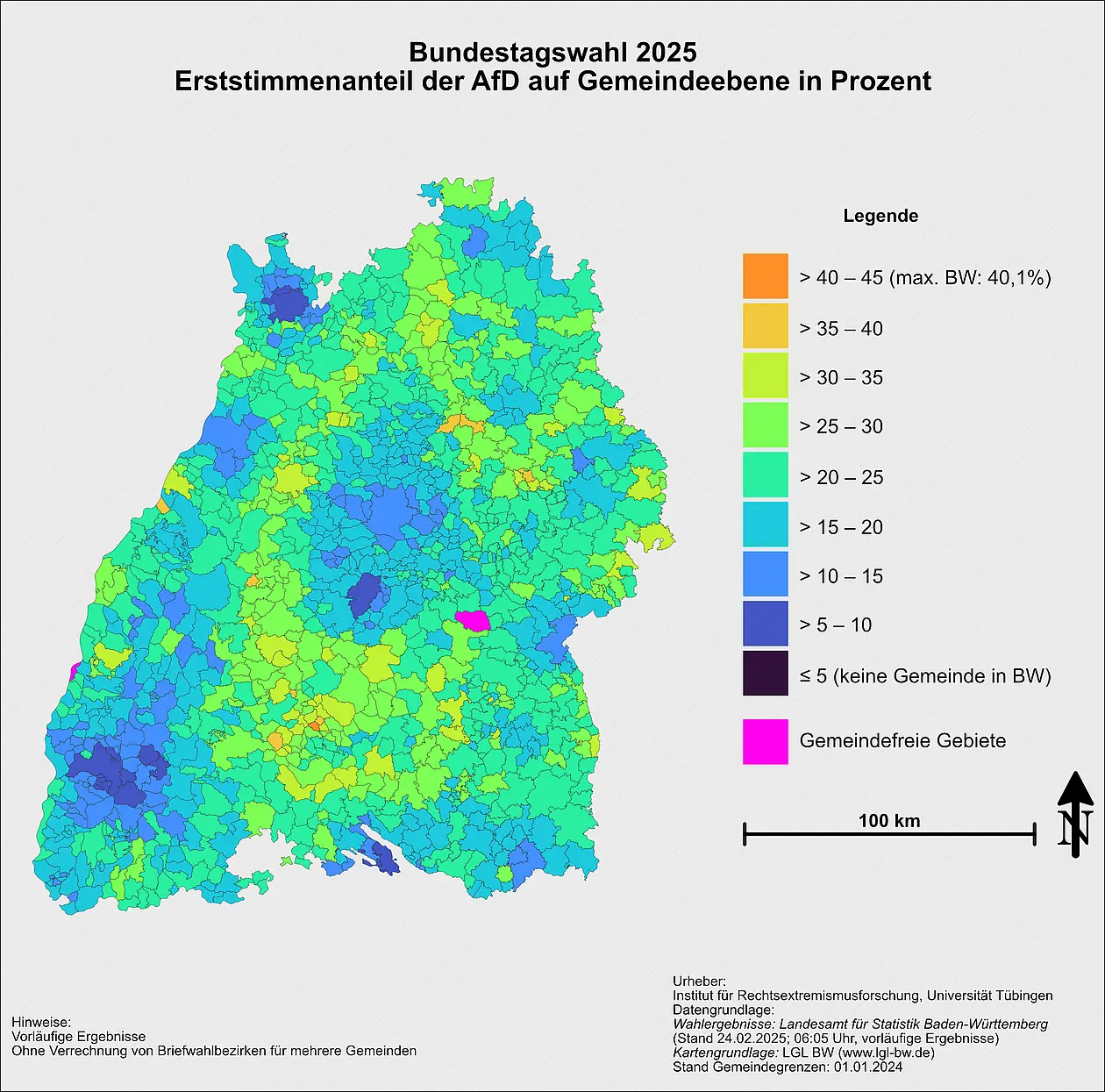 Die Karte zeigt den Erststimmenanteil der AfD in Baden-Württemberg auf Gemeindeebene (in Prozent).