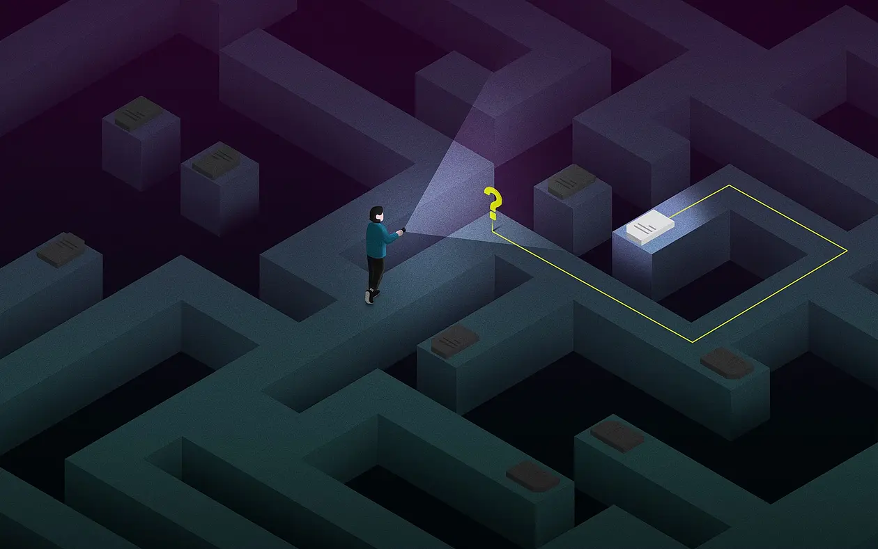 Illustration of a person with a flashlight in a labyrinth