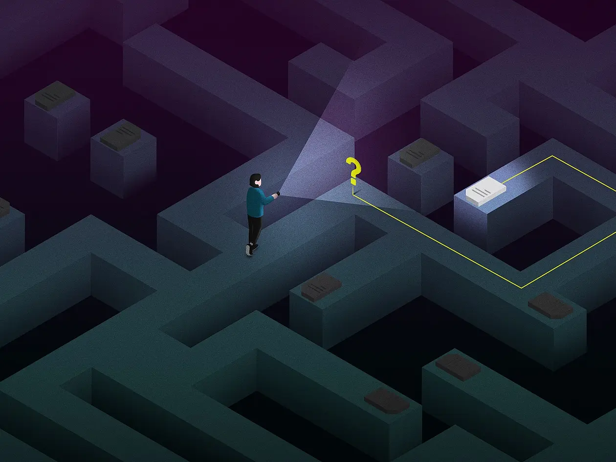 Illustration einer Person mit Taschenlampe in einem Labyrinth