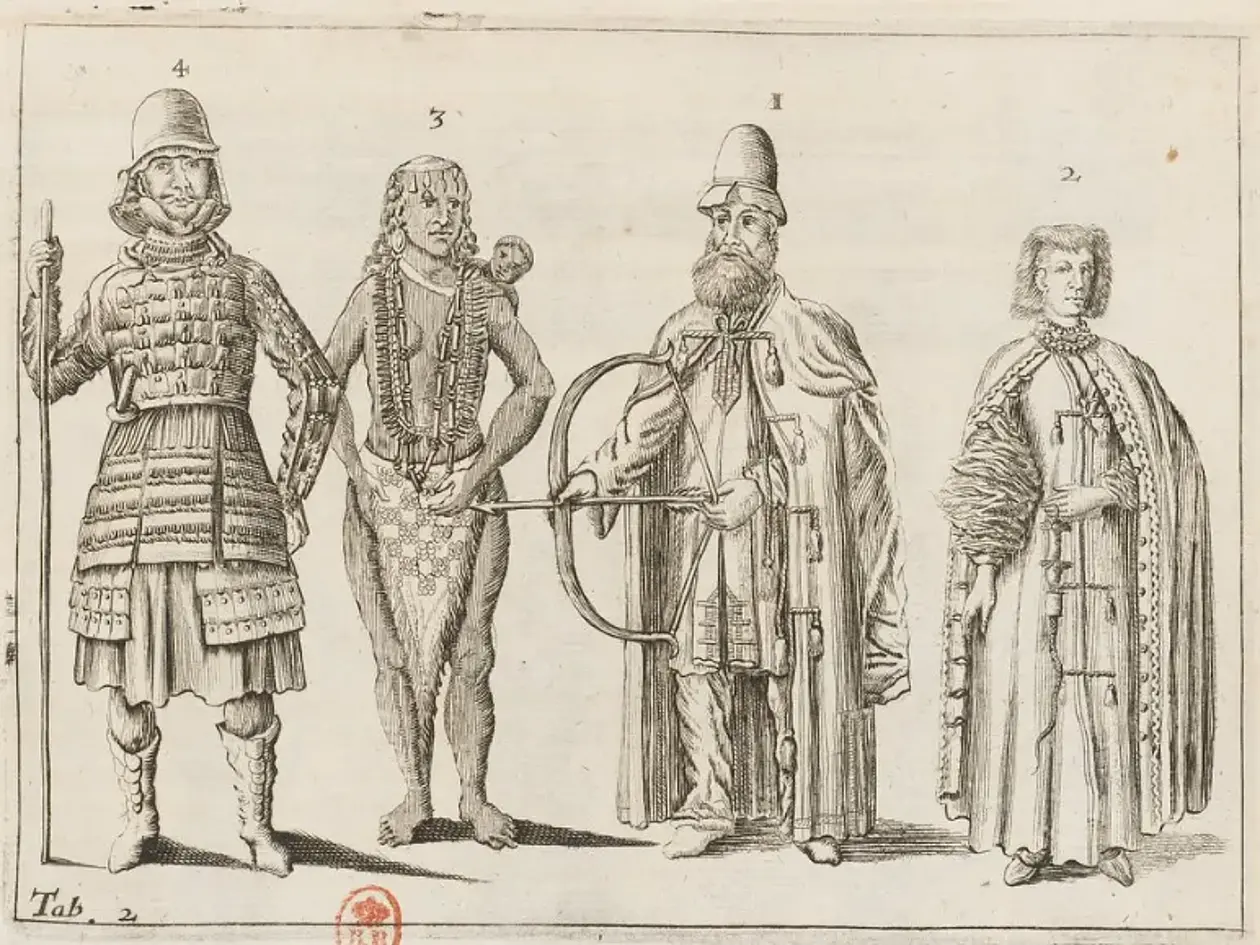 Ansicht aus Olearius: Gottofische Kunst-Kammer, vier Personen in unterschiedlichen Gewändern