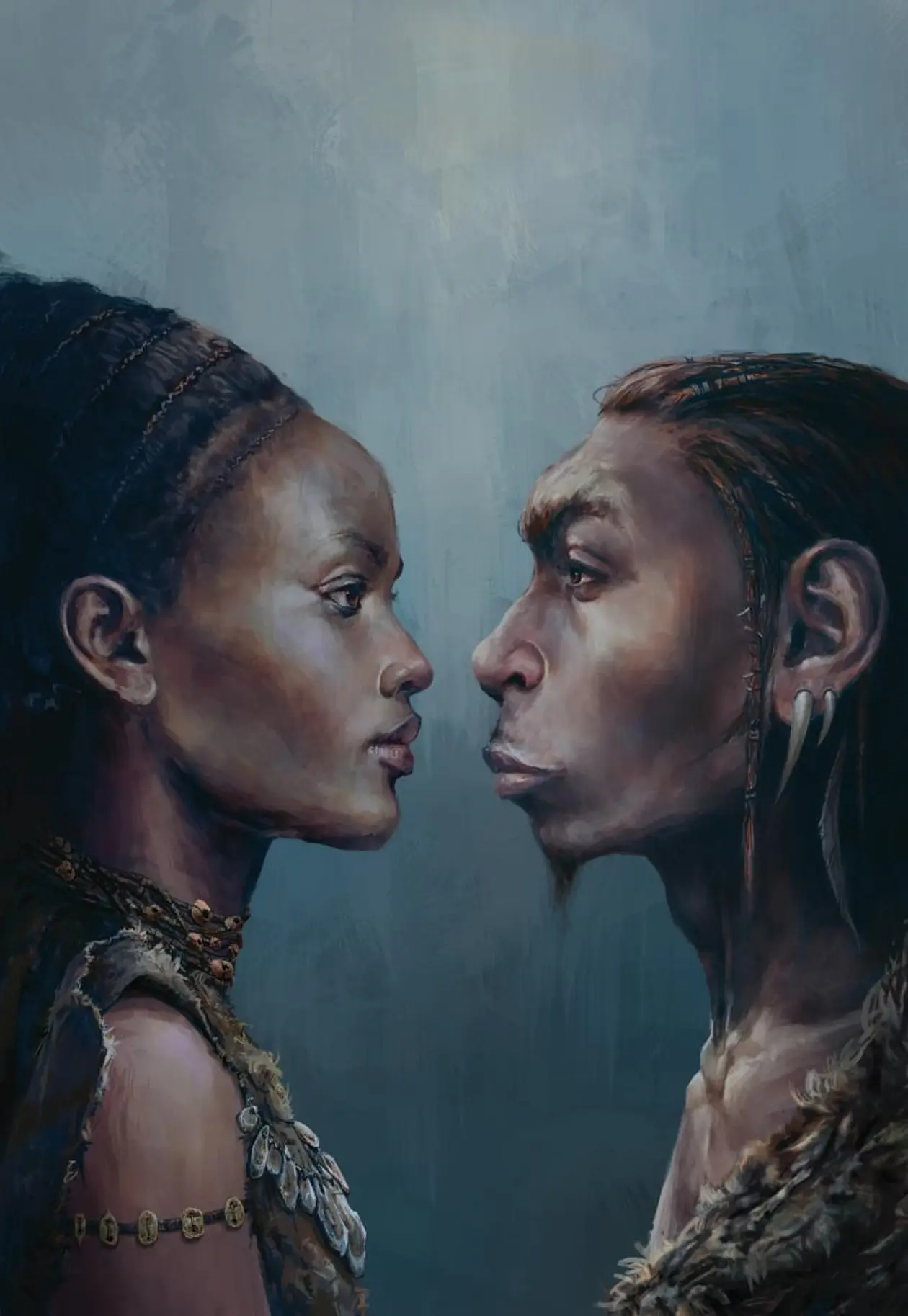 Artistic illustration of an early modern human and a Neanderthal