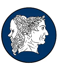 Signet des Fördervereins des Philologischen Seminars: Doppelherme mit Sokrates (links) für die griechische Philosophie und Cäsar für die römische Machtpolitik. Zeichnungen: Mascha Littau