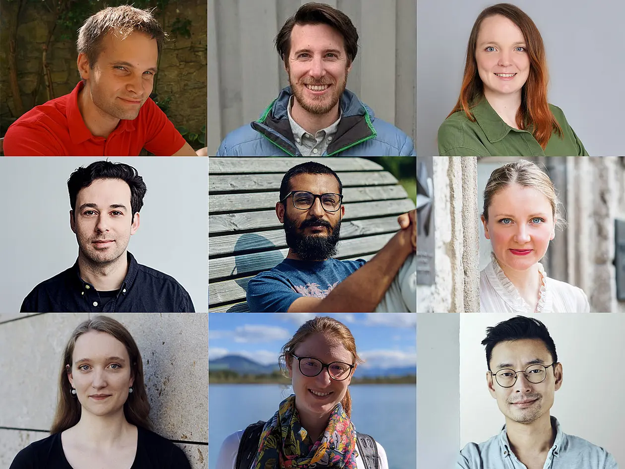 Fotocollage mit den Gruppenleiter*innen, von links nach rechts: Franz Baumdicker, Christian Baumgartner, Katharina Eggensperger, Konstantin Genin, Bedartha Goswami, Miriam Klopotek, Nicole Ludwig, Claire Vernade und Charley Wu