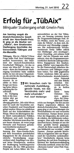 Erfolg für "TübAix" - aus: Schwäbischen Tagblatt, 19.06.2010.