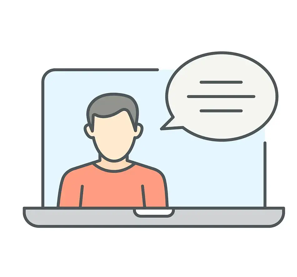Icon zu dekorativem Zweck. Es zeigt eine sprechende Person auf einem Computer.