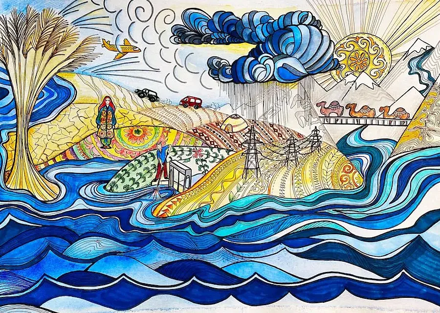 Grafik mit dem Fluss im Vordergrund und Szenen des Lebens am Fluss