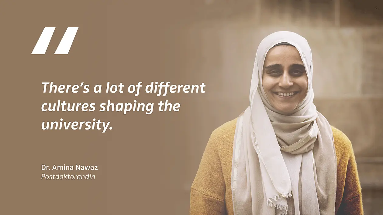 Portrait von Amira Nawaz mit Zitat: "There's a lot of different cultures shaping the university."