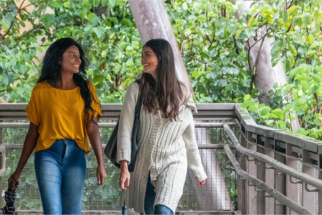 Two students walk and talk
