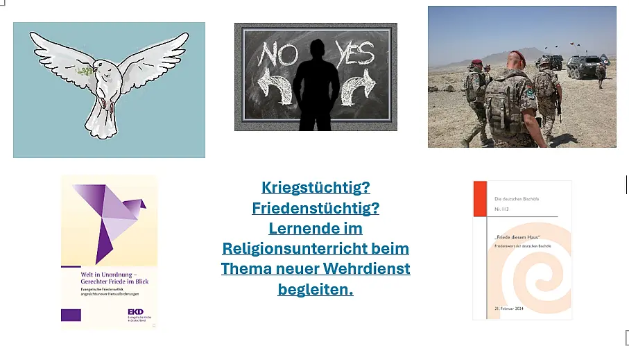 Um den Titel der Veranstaltung herum sind Bilder von Soldaten, einer Taube, sowie die Cover der katholischen und evangelischen Friedensschrift zu sehen. 