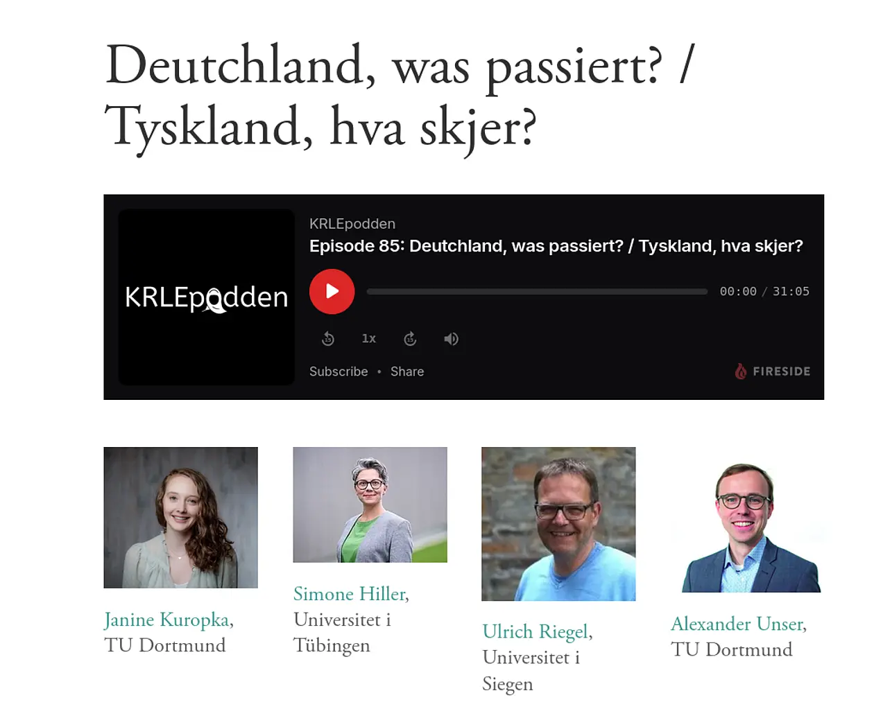 Screenshot der Episoden-Website, zu sehen ist der Episodentitel, ein Podcast-Player und Bilder der vier Gäste