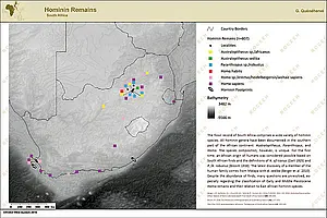 Die erste Karte des Monats "Juni 2010" zeigt die aktuell bekannten Fundstellen menschlicher Fossilreste in Südafrika. Grafik: Geraldine Queneherve