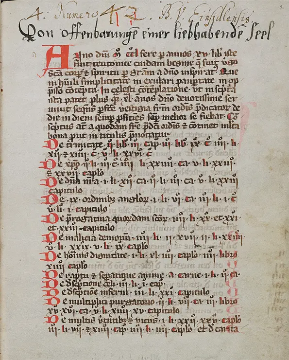 Mechthild von Magdeburg: Das fließende Licht der Gottheit, Hds.: 3. Viertel 14. Jh., Pergament, 193 × 144 mm, Einsiedeln, Stiftsbibliothek, Codex 277(1014), fol. 2r. URL: http://www.e-codices.ch/en/sbe/0277/2r