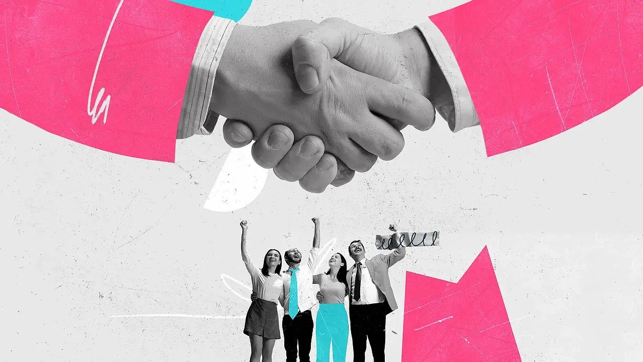 Collage of two large hands shaking and a group of cheering people standing underneath