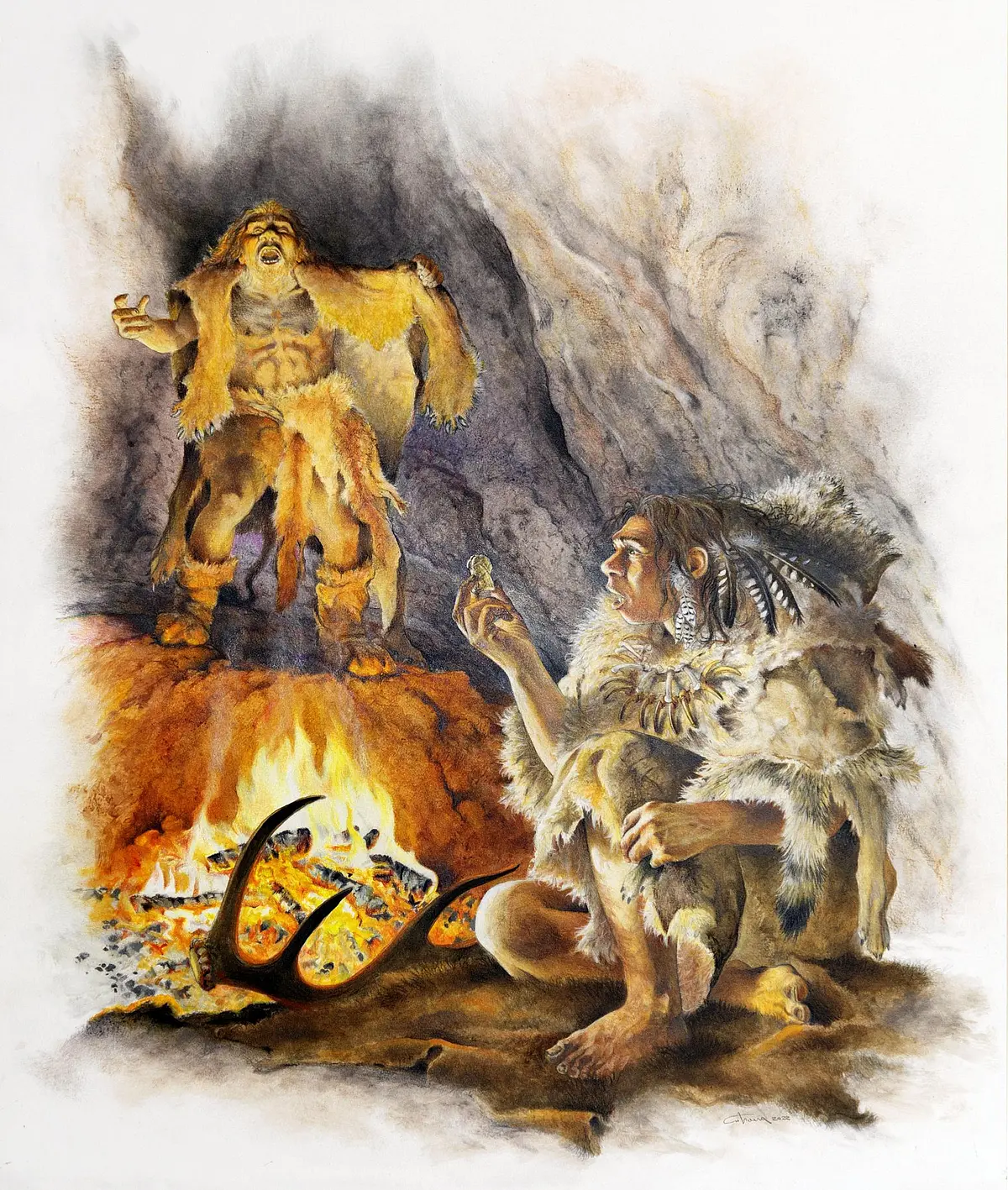 Finds from Einhornhöhle (Unicorn Cave) in the Harz Mountain demonstrate Neanderthals engraved bones (foreground) and valued lion skins (background). 
