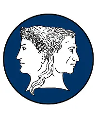 Alternatives Signet des Fördervereins: Doppelherme mit Sappho (links) für die griechische und Vergil für die römische Literatur.