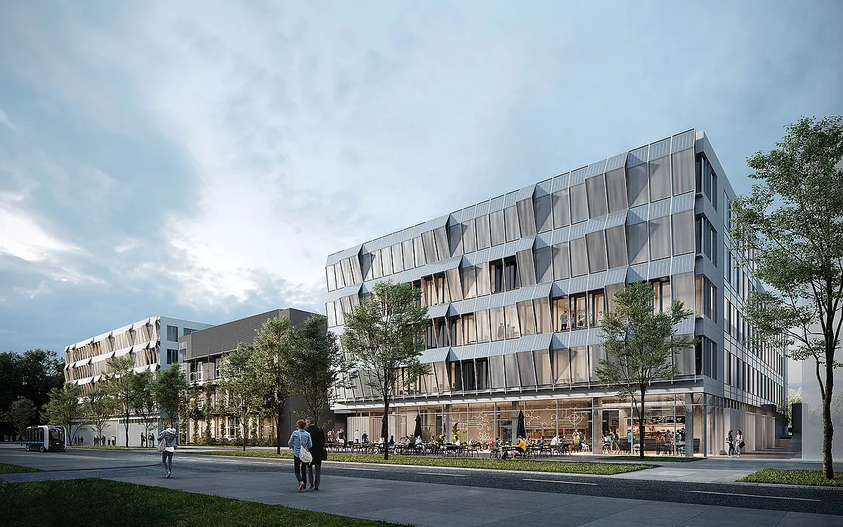 Visualisierung des im Bau befindlichen Gebäudes Cyber Valley 2 im Tübinger Technologiepark.