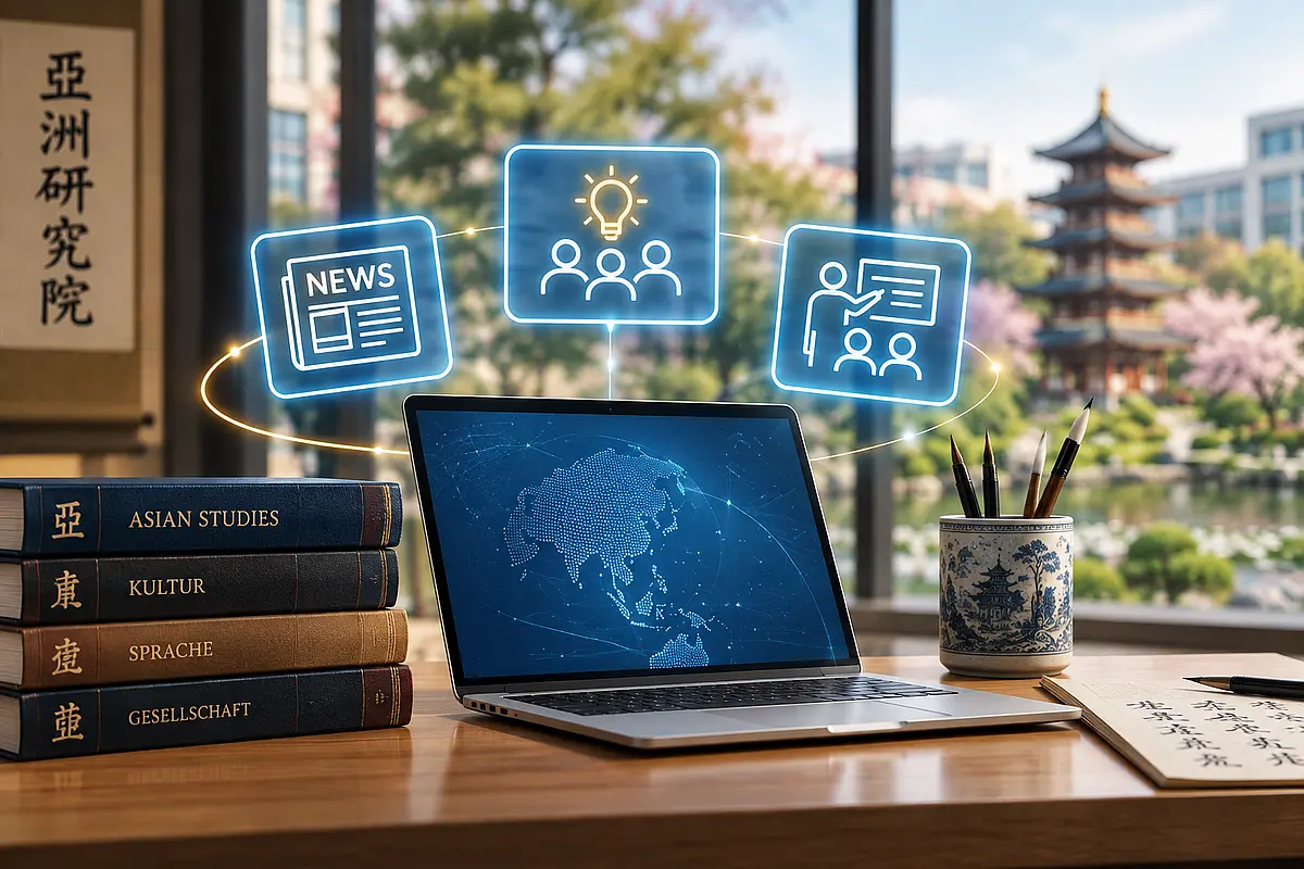 Illustration: Laptop mit Asienkarte auf dem Schreibtisch, darüber schweben Symbole für Nachrichten, Ideen und Lehrveranstaltungen; im Hintergrund ein japanischer Garten mit Pagode.