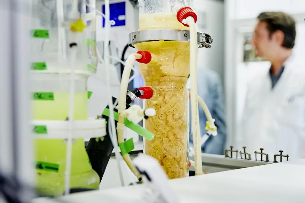 Labor mit einem Bioreaktor, der an Schläuche angeschlossen ist