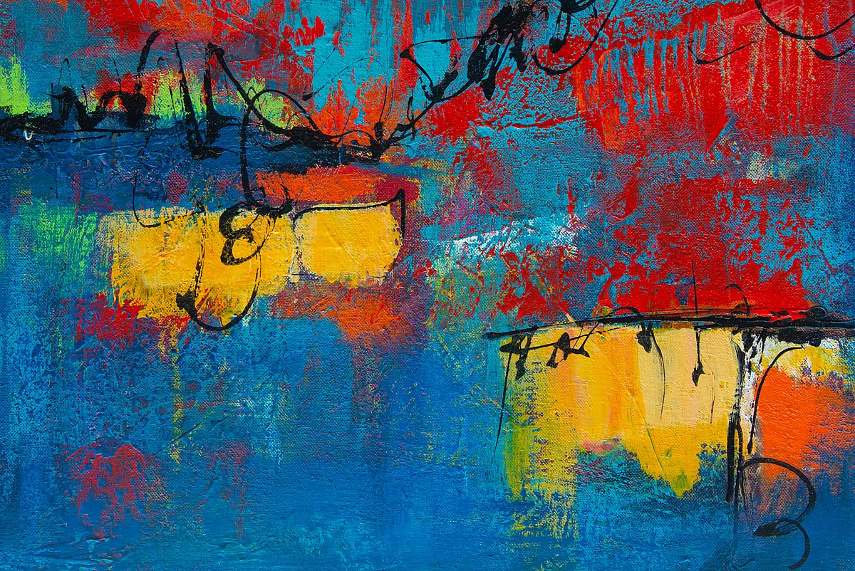 An abstract oil painting with blue, red, yellow and black colors