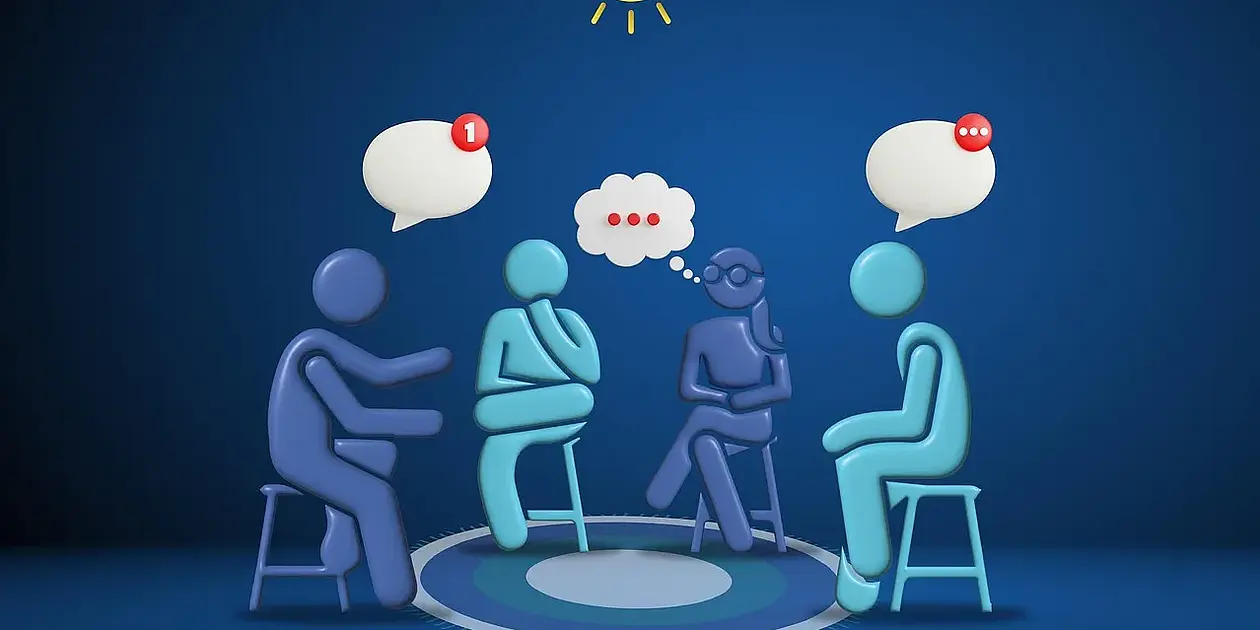 Animiertes Bild in blau Tönen. Zu sehen sind vier Figuren, die in einem Halbkreis sitzen und den Anschein erwecken, sich zu unterhalten. Über drei von den vier Personen schwebt eine Sprech- bzw. Gedankenblase. Vom oberen Rand hängt eine Glühbirne herunter.