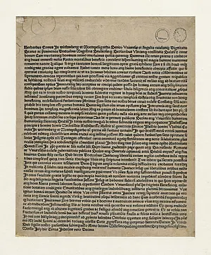 Flugblatt von Graf Eberhard von Württemberg-Urach vom Sommer 1477 anlässlich der bevorstehenden Eröffnung der Universität in Tübingen. Quelle: UAT U 1a 