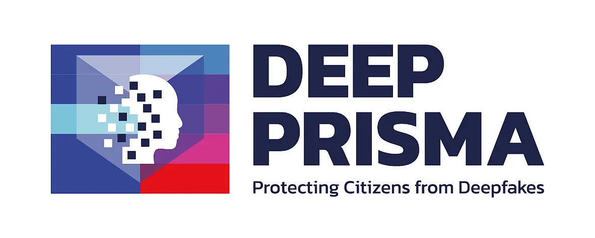 Logo with white face in front of prism and slogan "DEEP PRISMA: Protecting Citizens from Deepfakes"