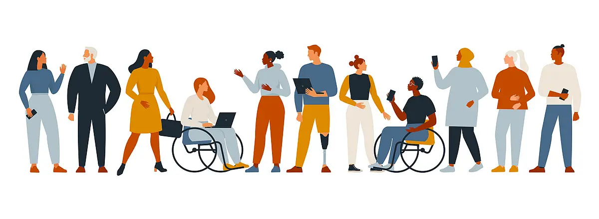 A graphic banner image showing people of different origins and gender, age, with and without visible disabilities.