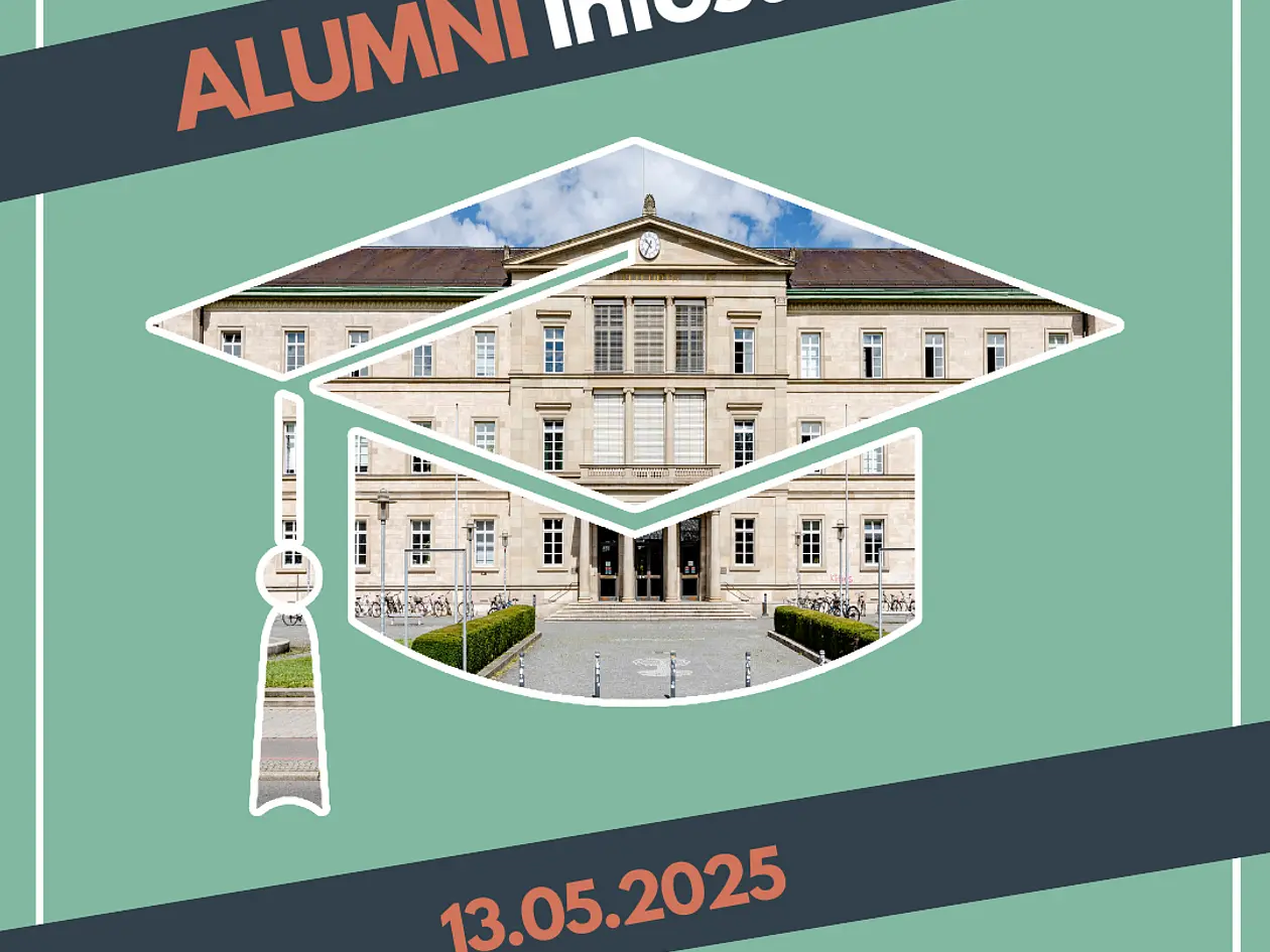 Moderne trifft Tradition: Die neue Aula im Mittelpunkt unseres Alumni-Events! Vor einem mintgrünen Hintergrund hebt sich die Silhouette der Aula ab – gekrönt von der ikonischen Schablone eines Alumni-Huts. Klare Schriftzüge präsentieren die wichtigsten Event-Infos, während das Design eine Verbindung zwischen Vergangenheit und Zukunft schafft.