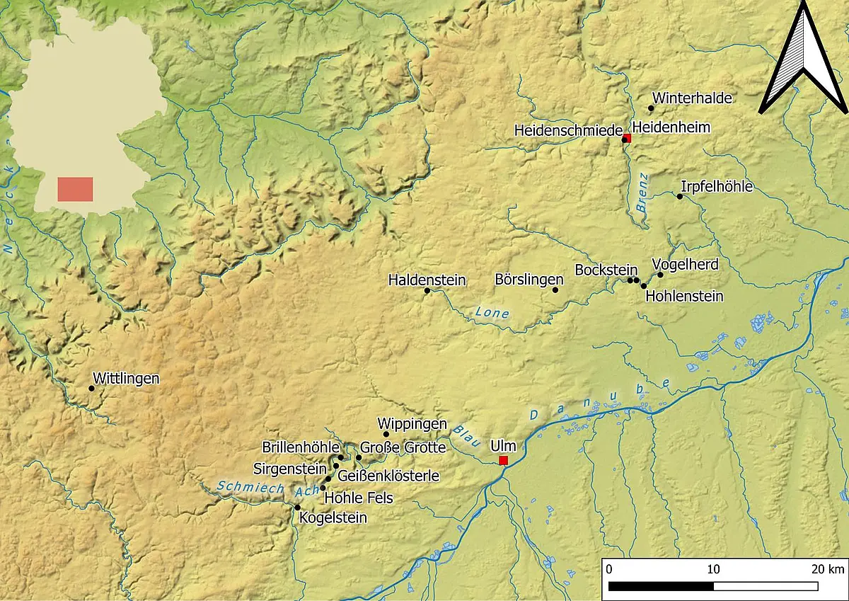 Enlarged section of a map of Germany, showing Middle Paleolithic sites in the Swabian Jura