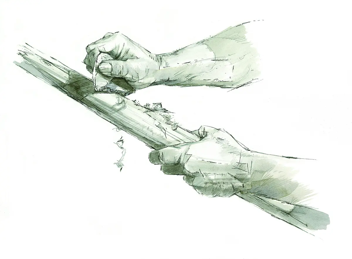 Illustration of a hand, working wood with the help of a scraping tool
