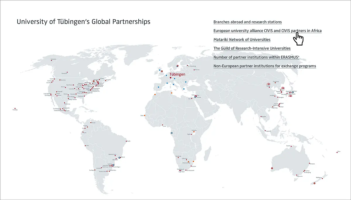 A world map, on which all cities are marked, with international partner universities of the University of Tübingen