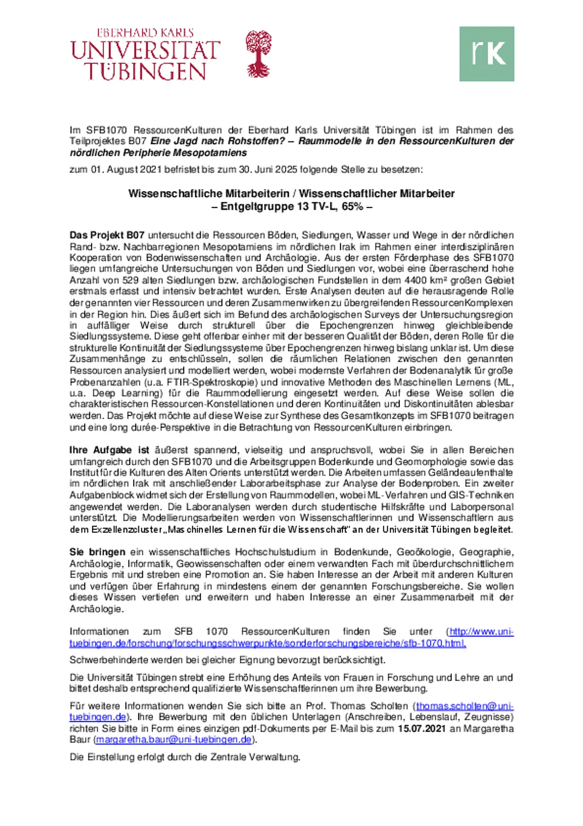 Bild der ausführlichen Stellenausschreibung des TP B07. Auch als Download verfügbar.
