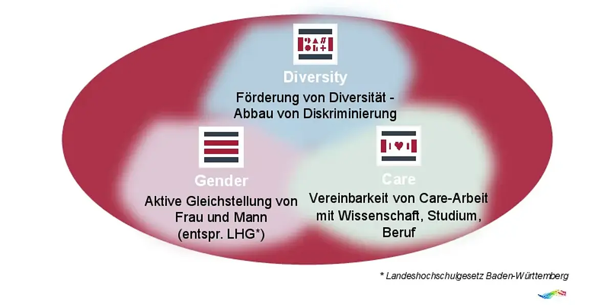 Bereiche Diversity - Gender - Care als drei Blasen in einem Kreis dargestellt