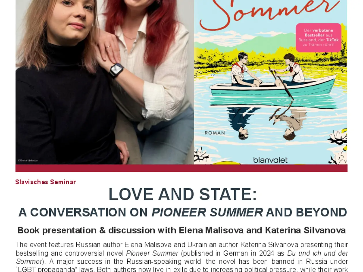 Plakat zur Veranstaltung „Love and State: A Conversation on Pioneer Summer and Beyond“. Buchpräsentation und Gespräch mit Elena Malisova und Katerina Silvanova am 10. Juni 2026 um 19 Uhr im Club Voltaire in Tübingen.